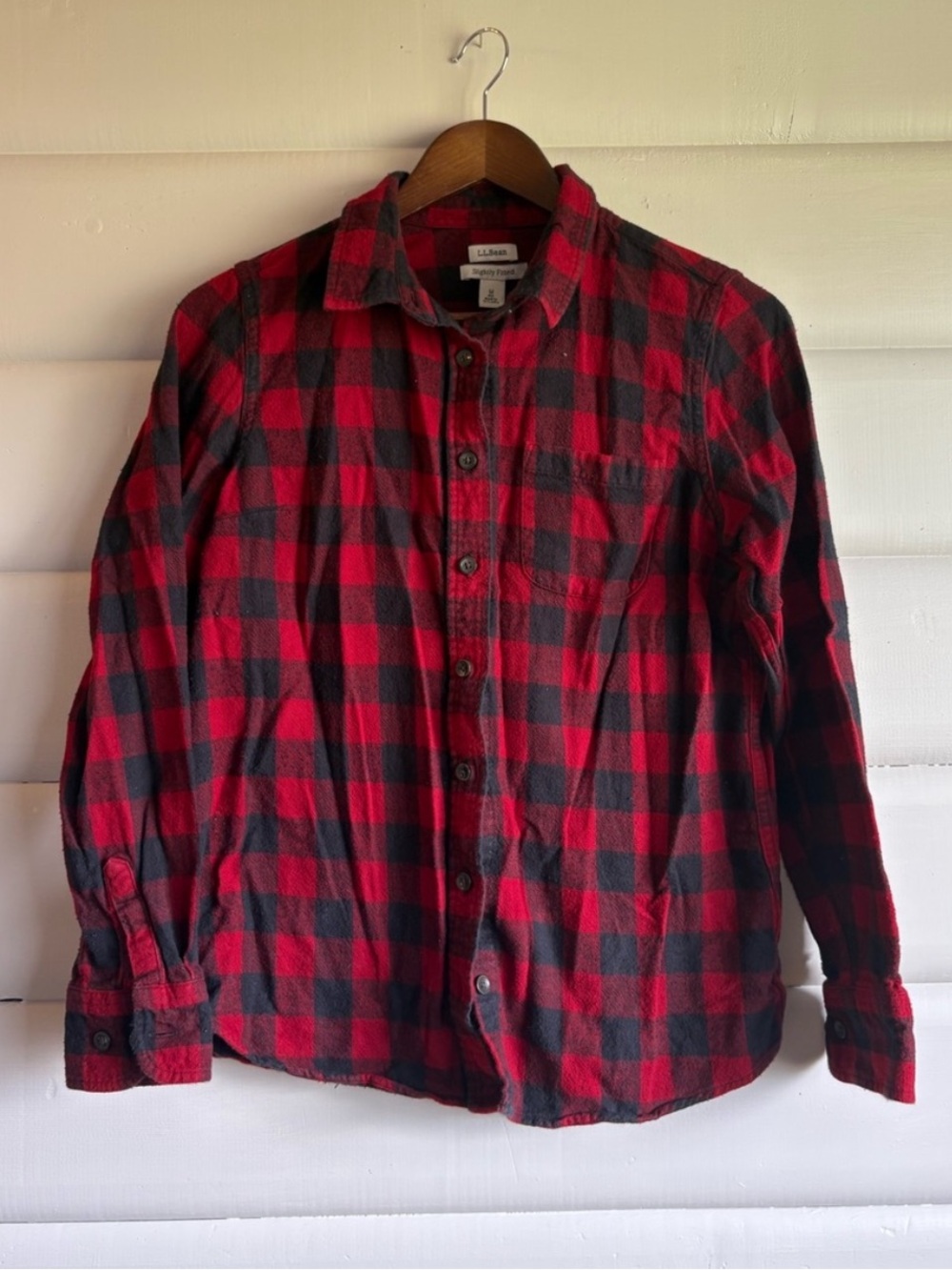 L.L.Bean Buffalo Plaid Flannel Button Up Shirt Red Black Cotton Medium Womens
